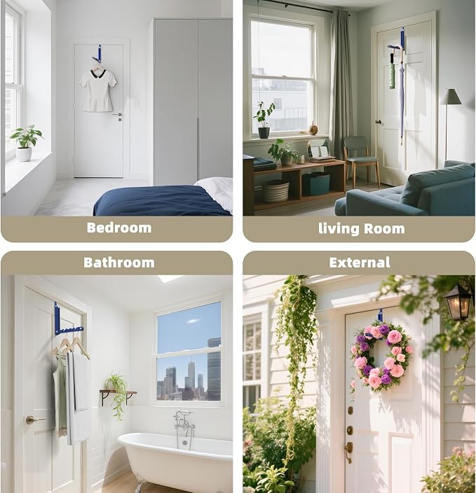 BAKON Over The Door Hangers, Over Door Hooks for Hanging, Small Space Dual Folding Portable Over Door Clothes Hanger for Clothes, Hats, Bags and Towels. (1, Blue)