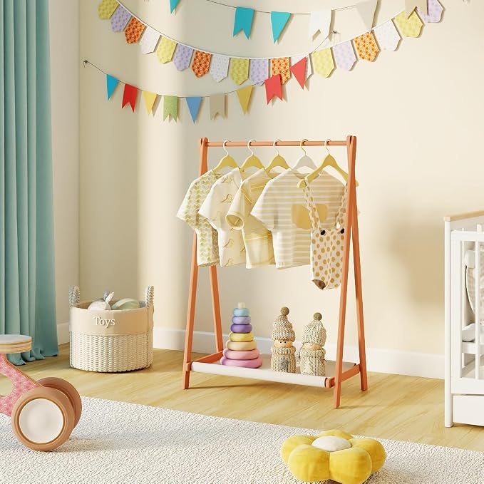 Kids Clothing Rack,Foldable Beechwood Small Baby Clothes Rack with Bottom Storage Shelf,for Laundry Drying,Mini,Floor Standing,Portable(31.5" L)
