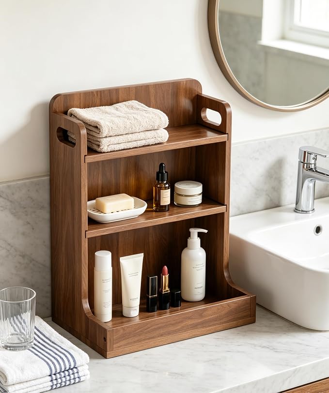 Solid Wood Matcha & Coffee Station Organizer, 3-Tier Countertop Mug Holder | Full Back Panel Thick Wood Construction, Built-in Side Handles, 3 Spacious Shelves Organize Mugs, Pods, Matcha, Tea, Spices