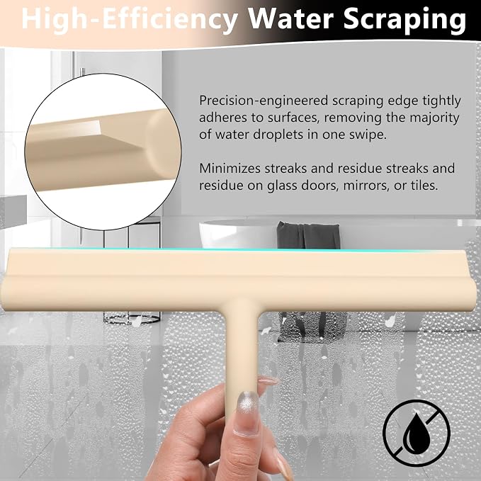 Shower Squeegee for Glass Doors, Full Silicone Jacketed Squeegee with Ergonomic Handle & No-Drill Hook, Cleaning Tool for Windows, Mirrors, Tiles, Bathroom & Car - Beige
