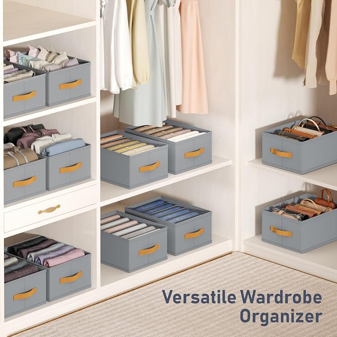 DIMJ Wardrobe Clothes Organizer - Foldable Closet Drawer Organizer Dividers for Jeans, Pants, Sweater, T Shirt, Storage Bins with Handles for Shelf