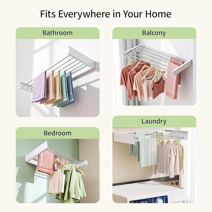 Wall Mounted Clothes Drying Rack Foldable 31.5" Laundry Room Space Saving | Heavy Duty 60 lb Load Drying Rack for Towels, t-Shirt, Jacket & DelicateClothes for Apartment, Bathroom, Laundry Room & RV