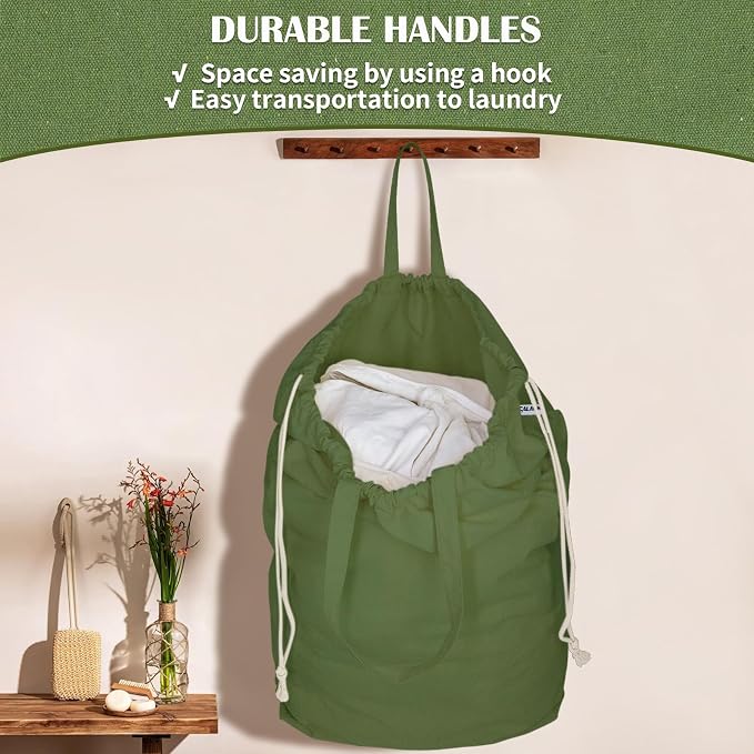 Canvas Laundry Bags with Handles & Square Base 16"Wx16"D x27.6"H, ArmyGreen | Extra Large Heavy Duty Laundry Basket Hamper Liner, Washable Drawstring Dirty Clothes Bag Canvas Storage Sack