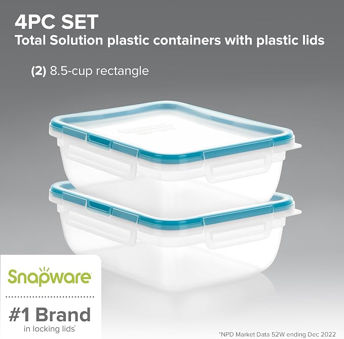 Snapware Plastic Total Solution 2-Pack (8.5-Cup) Food Storage Containers Set, Leakproof & Airtight Plastic Locking Lids Rectangular Tupperware, BPA-Free Lids, Microwave Dishwasher Freezer Safe