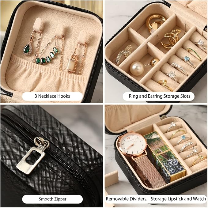 ZPROW Travel Jewelry Case, Mini Portable Jewelry Travel Boxes, Small Jewelry Organizer for Rings, Earrings, Pendants, Watches, Necklaces, Lipsticks Organizer Storage Holder Case (Black-6packs)