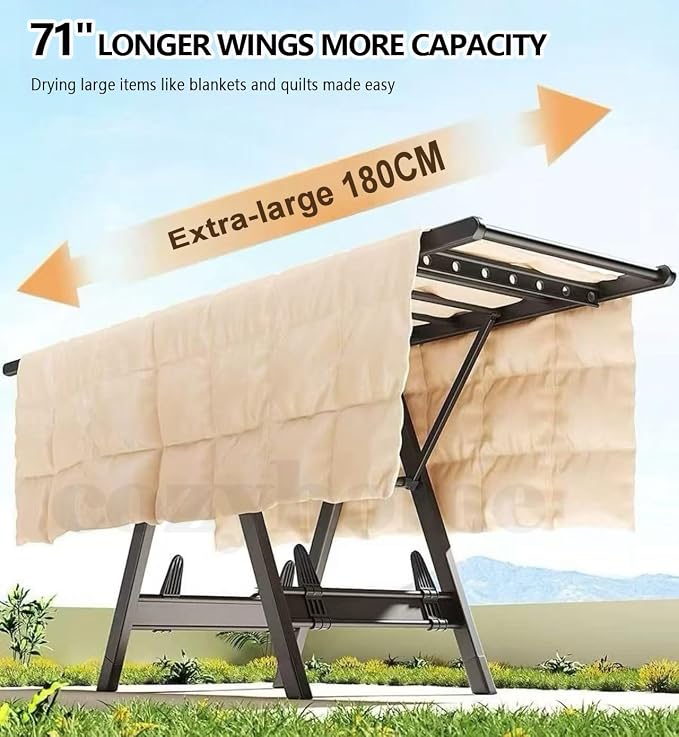 71" Foldable Clothes Drying Rack, Heavy Duty Laundry Drying Rack with Wheels, 3-Level Large Standing Clothes Rack, No Assembly Required Rust-Proof Carbon Steel for Indoor/Outdoor