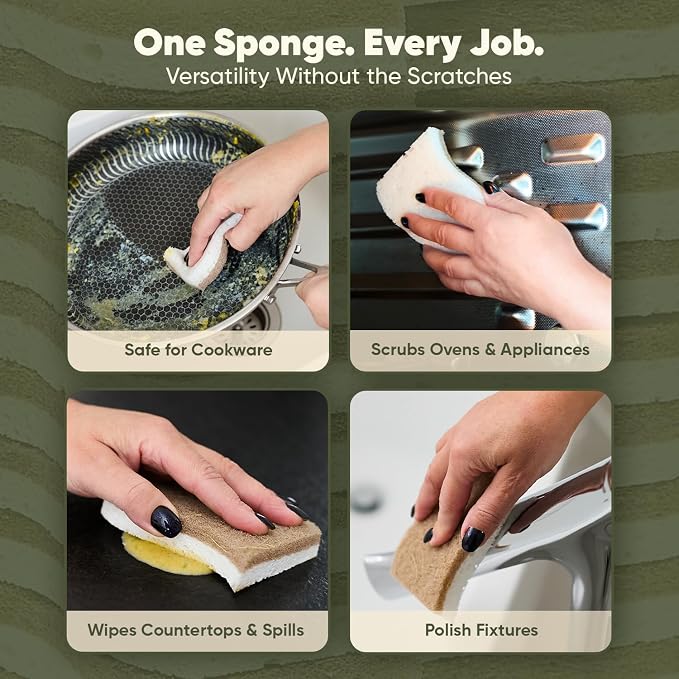 Plant-Based Kitchen Sponges (24 Pack) | USDA Biobased Certified | FSC & PETA Approved | Natural Cellulose & Coconut Scrubber Sponge | S-Shaped Design | Eco-Friendly, Non-Scratch, Non-Toxic & Vegan