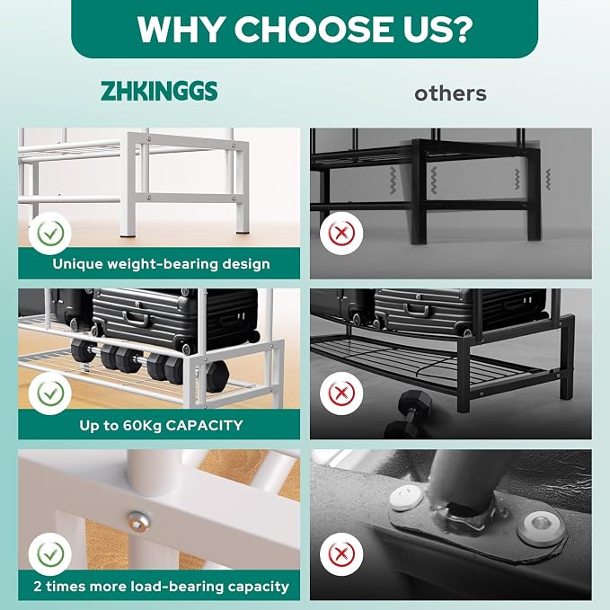 Clothes Rack, Double Rods Clothing Rack with 2 Bottom Shelves & 4 Side Shelves, Metal Garment Rack for Hanging Clothes, Heavy Duty Clothes Rack for Bedroom, Laundry, Living Room, White