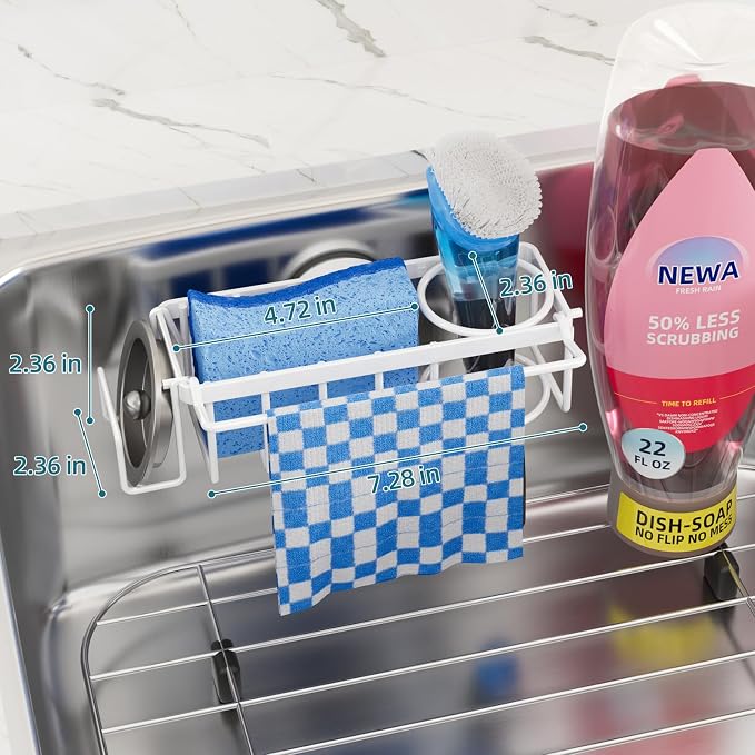TAILI 4-in-1 Sink Caddy with Strong Suction Cup, Sponge Holder for Kitchen Sink Organizer, Removable, Rustproof, Stainless Steel Holder for Sponge, Brush, Scrubber, Scraper - White