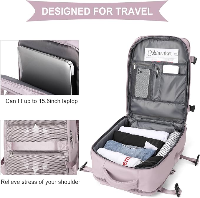 WONHOX Large Travel Backpack Women, Carry On Backpack, Hiking Backpack Waterproof Outdoor Sports Rucksack Casual Daypack with USB Charging Port Shoes Compartment, Lotus Pink