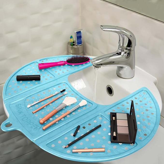 Sink Topper Bathroom Sink Cover for Counter Space, Standard Blue | Holds up to 7 lb on a steel frame; fits over basins to 19 in; 480°F silicone, hot tools; foldable makeup mat; RV, camper