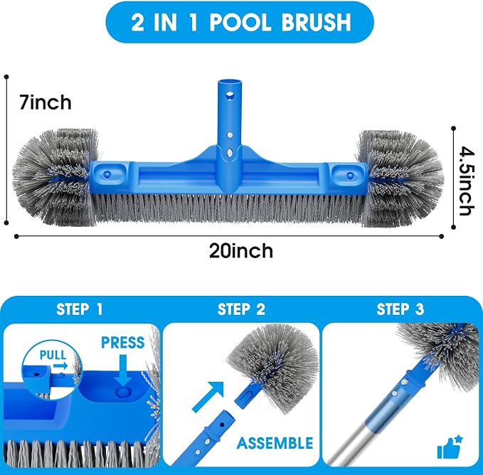 TidyMister Pool Brush with Pole - 20’’ 2-in-1 Detachable Round Brush with Extra Side Brush for Cleaning Hard-to-Reach Corners, 9 FT Aluminum Extended Pool Pole with Hidden Hook Retriever