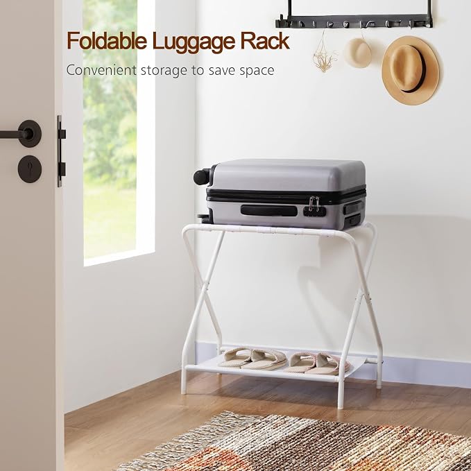 AMHANCIBLE Luggage Rack, Set of 2, Foldable Suitcase Stands for Guest Room | Metal Luggage Holder with Storage Shelf for Bedroom, Hotel, Easy Assemble, White
