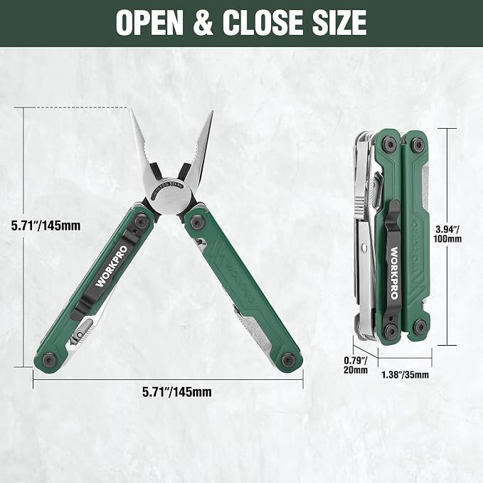 WORKPRO 18-in-1 Multi Tool Pliers, Gifts for Men, Stainless Steel EDC Multitool with Pocket Knife, 2 Safety Locks, Belt Clip and Oxford Pouch, Utility Multiuse Tool for Camping (Pack of 2)