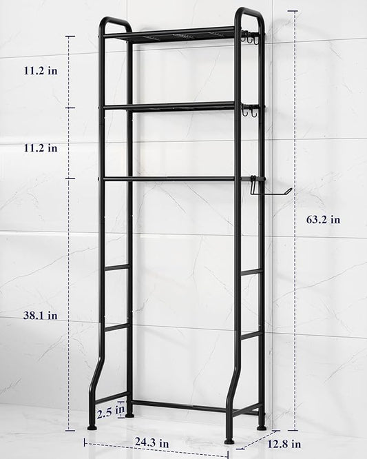 Kitsure Over Toilet Storage Rack - Metal Over Toilet Bathroom Organizer Shelf, Over the Toilet Storage Cabinet with Paper Holder and Hooks, Bathroom Cabinet for Laundry, Black, 3 Tiers (63.2" H)