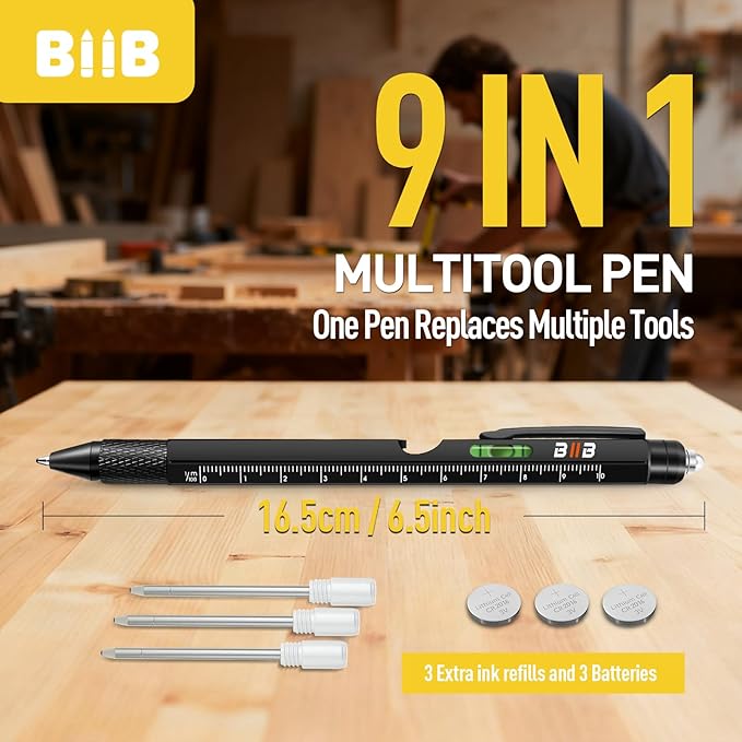 BIIB Gifts for Men 9 in 1 Multitool Pen, Mens Gifts for Him Dad Husband, Birthday Gift for Men Who Have Everything, Dad Gift from Wife Daughter, Unique Tools Gadgets for Mens