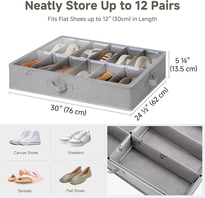 StorageWorks 24-Pair Underbed Storage Shoe Organizer for Closet, Grey | Adjustable Dividers, 2 Pack, Up to 12 Pairs Each, 5.25" Height, Fits 6-inch+ Clearance, Clear Top, Soft Handles, For Bedroom