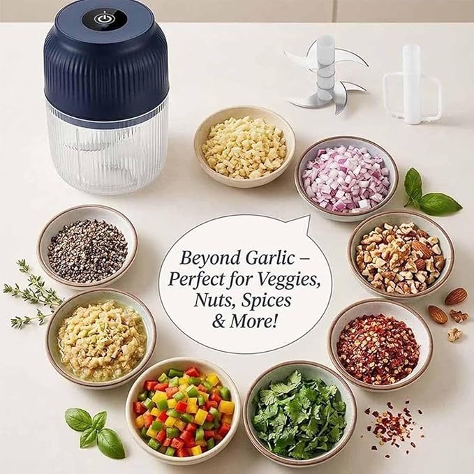 Household Electric Garlic Crusher, 400ml Mini Electric Food Chopper, Portable Mini Food Processor with 6 Blades, Wireless Electric Garlic Chopper for Ginger, Chili, Fruit, Meat, etc (6 Blades Blue)