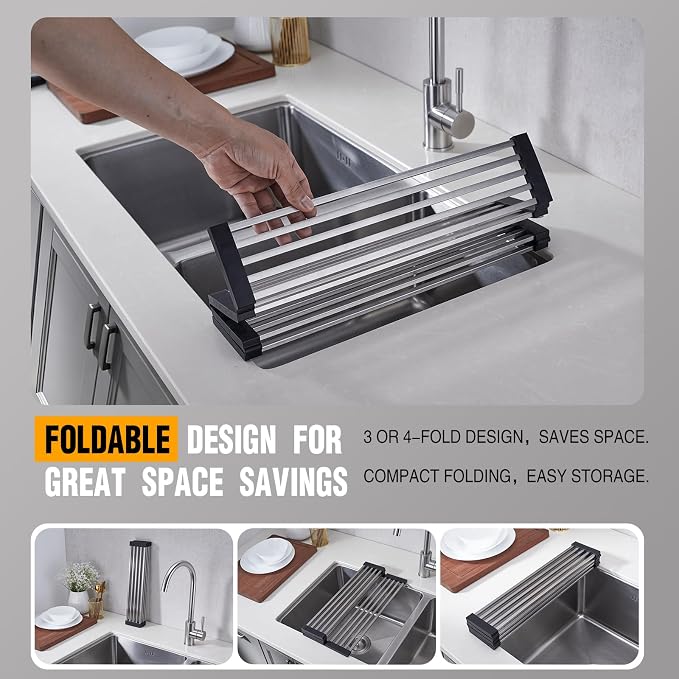 Foldable Over Sink Dish Drying Rack, 304 Stainless Steel Kitchen Drain Rack for Tableware, Detachable Silicone Edge, Rectangular Tubing (Brushed Nickel, 3 Fold 19.7" x 11.42")