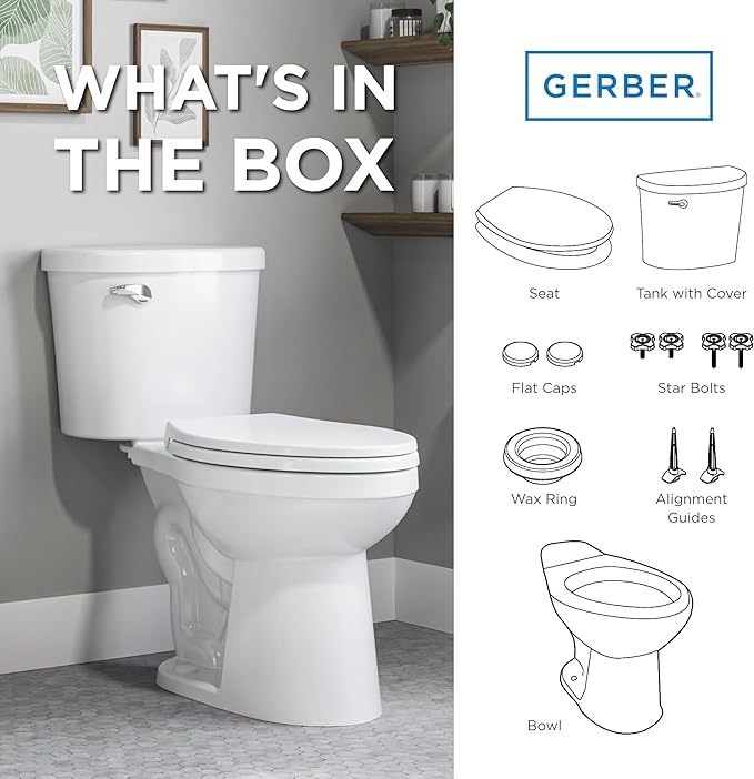 Gerber Maxwell Crest Two-Piece Toilet Elongated with 12-in Rough-in, ADA-Compliant Chair Height, High Efficiency 1.28 GPF, Soft-Close Seat and Install Kit with Wax Ring Included, White, GRS48310