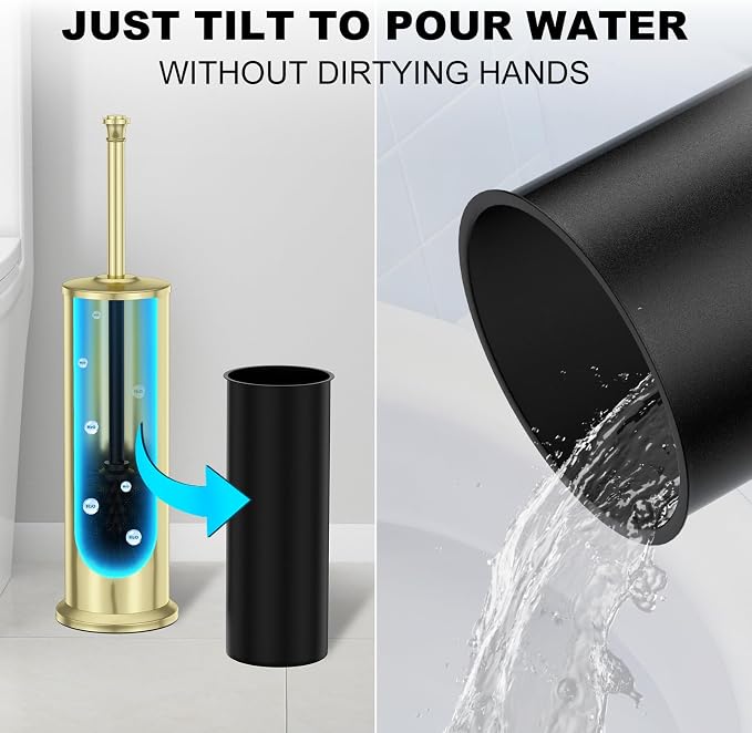 Gold Toilet Brush and Holder，Long Handled Gold Toilet Brush for Bathroom，Stainless Steel Heavy Duty Toilet Bowl Brush,Removable Inner Bowl,Deep Cleaning Dense Bristles Cleaner Brush -Space Saving