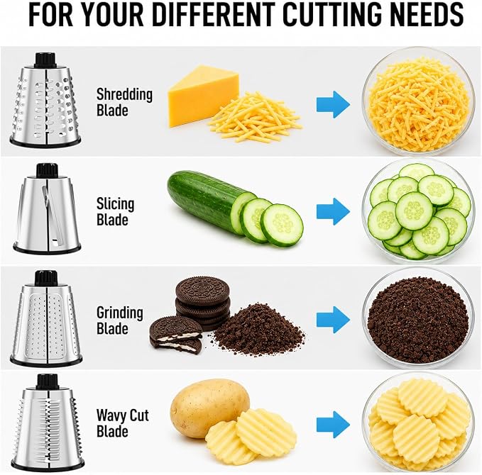 VEKAYA Rotary Cheese Grater Hand Crank with 4 Interchangeable Stainless Steel Blades, Large Manual Handle Shredder and Waffle Slicer for Vegetables, Cheese and Nuts with Table Suction Base (Red)