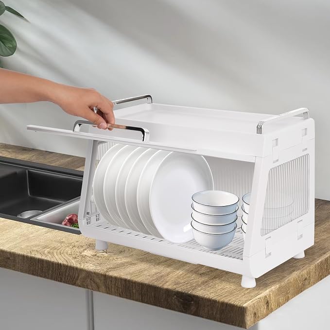 Dish Drying Rack with Lid Cover - 2-Tier Foldable Drain Board, 33lb Capacity Countertop Organizer for Plates, Bowls & Utensils, Space Saving Kitchen Storage (Clear White)