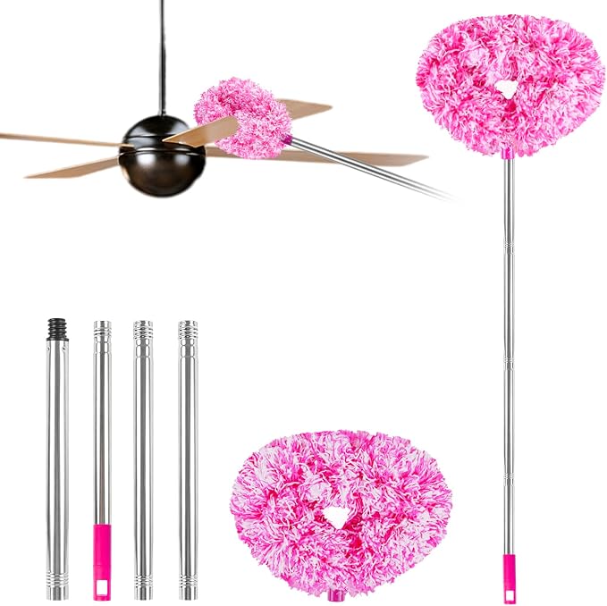 Ceiling Fan Cleaner Duster Reusable Microfiber Ceiling Fan Blade Cleaner Removable Duster with Extension Pole Adjusts 13 to 49.7 Inch for Cleaning Walls Furniture Door Window Top (Rosy White)