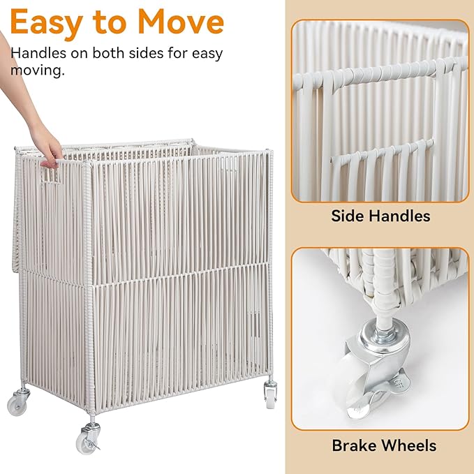WOWLIVE Rolling Laundry Basket Wheels, Handwoven Laundry Hamper with Lid | Double Clothes Hamper with Divided Removable Bag, 115L Large Laundry Sorter 2 Section, Laundry Room Organization, White