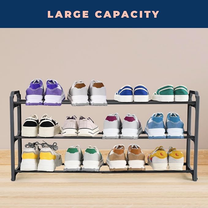 Happhom 3-Tier Expandable Shoe Organizer - Space Saver Shoe Shelf with Smart Design for Closet, Entryway and Small Spaces, Dark Grey (CSR-01)