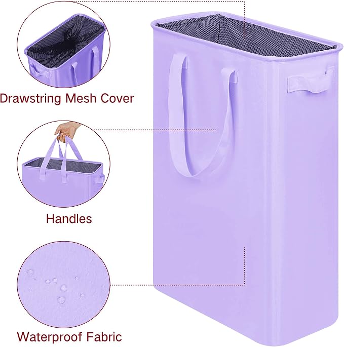 efluky Slim Laundry Basket, Narrow Laundry Hamper with Handles, Collapsible Dirty Clothes Hamper, Tall Laundry Bin for Laundry Room, Dorm and Bedroom, 19.8 Gallon (75L) Light Purple