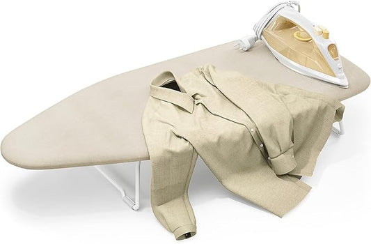 Small Ironing Board Tabletop with Heat Resistant Cover, Compact Mini Ironing Board with Metal mesh Frame,for dorm,apartment and Travel, Hook for Hanging, Iron Board 12x30, Iron Table Stand Cream White