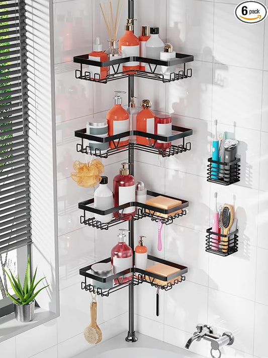 KEGII Set of 2 Wall Mount Toothbrush Holders with Tension Pole Shower Caddy, Rustproof Bathroom Organizer with Soap Holder & Hooks, 4 Adjustable Shower Shelves for Renters, 25-114.2 inch Black