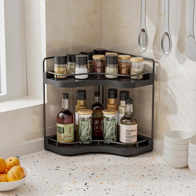 2-Tier Corner Bathroom Counter Organizer, Larger Size | Embedded Screw Holes, Sturdy & Stable, Oversized, Holds More, Vanity Shelf for Makeup & Skincare, Black