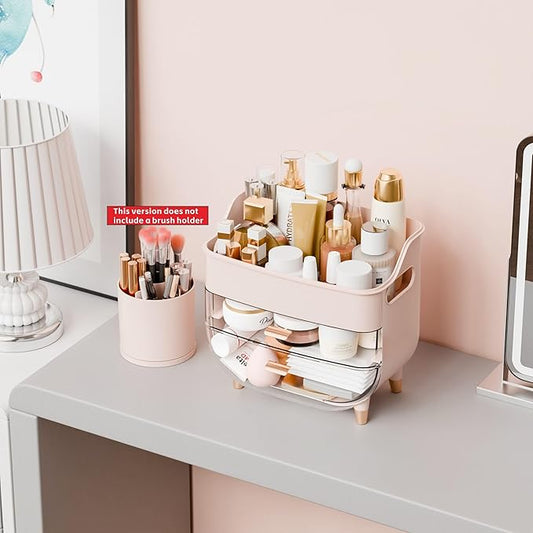 Yieach Countertop Makeup Organizers with Drawers and Handle,Large Cosmetic Organizer for Bathroom Vanity and Dressing,Pink Cosmetic Display Cases for Hair Tool,Beauty Products,Skin Care Organizer