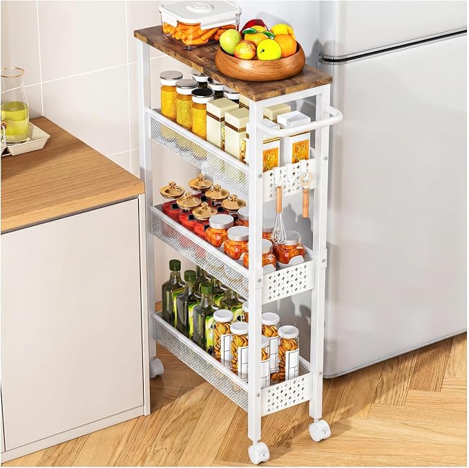 Vivihomety 4-Tier Slim Utility Rolling Laundry Cart with Wheels, Metal | Narrow 7.1" wide, Lockable wheels, wood top panel, metal frame, with handle, for laundry, bathroom, kitchen, white