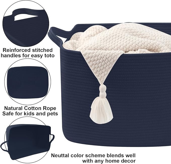 96L Woven Laundry Basket with Handles, Extra Blanket Basket,Navy | 24"×16"×15" Collapsible Cotton Rope Storage Basket for Toys Clothes & Pillows, Nursery, Bathroom, Bedroom, Living Room