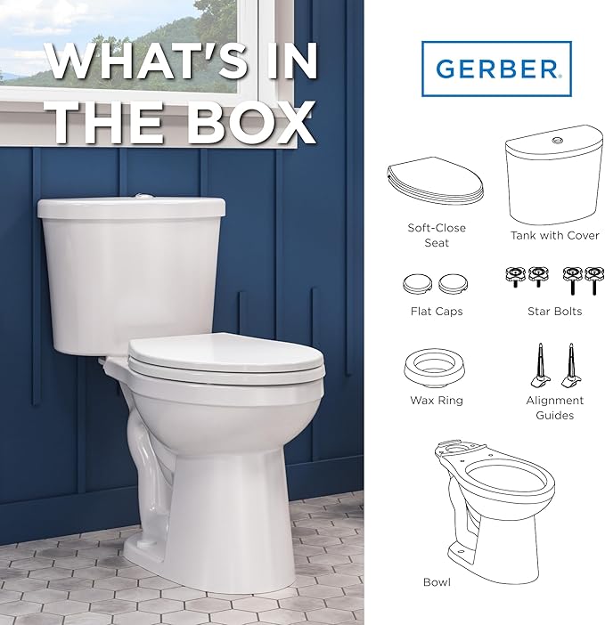Gerber Maxwell Select Elongated Dual-Flush 1.0/1.28 GPF Two-Piece Toilet, ADA Chair Height, 12-in Rough-In, High Efficiency, Soft-Close Seat & Install Kit with Wax Ring, White, GRD49210E