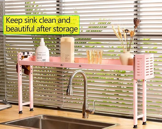 Horynar Over Stove Shelf Stove Top Organizer Shelf for Kitchen with Extra Basket and Hooks Adjustable 27 to 32 Inches Pink Over the Sink Spice Rack for Countertop (Pink)