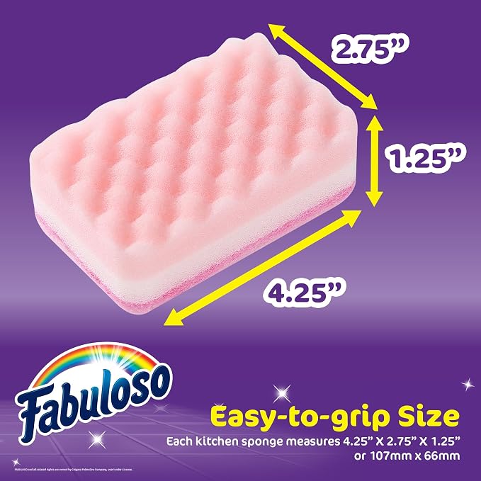 Fabuloso Scratch-Free Kitchen Dish Sponges, Rainbow Cellulose Scrubber Sponge with Scouring Pad for Dishes, Pots, Pans, Counters and Sinks, Tough on Messes, 4.25 x 2.75 x 1.25 in, 4 Count