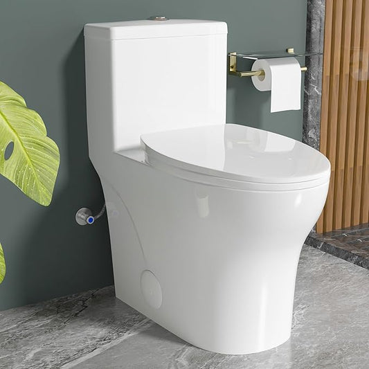 Elongated Modern Tall Toilet 17 Inch Chair Height Seat 17.3", Powerful Tornado Flush One Piece Dual Flush 1.0/1.28 GPF, ADA High Skirted Toilet for Bathroom, Comfort Bowl Heigh 16.5", White