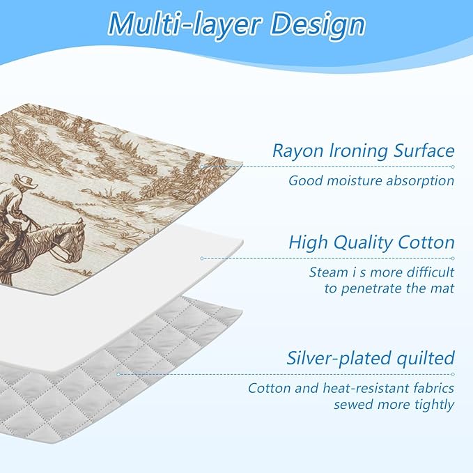 Cowboy Riding Horse Mountain Brown Ironing Mat Portable Ironing Pad Blanket with Silicone Iron Rest for Table Top Travel Heat Resistant Double-Side Using Large 47x28 Inch Foldable