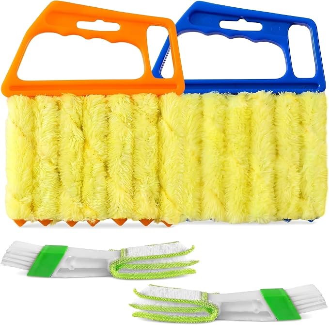 4Pcs Microfiber Blind Cleaning Brush with 7-Finger & 3-Finger Brushes, Washable Window Blinds Cleaner for Venetian Blinds, Shutters, AC Vents, Car Vents & Fans, Orange Blue