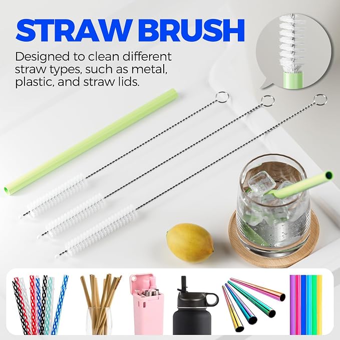 Holikme 6 Pack 4 in 1 Cup Lid Cleaning Brush 3 Straws Bottle Brush,Olive | 4 in 1 Cup Lid Cleaning Brush Multifunctional Bottle Brush, Silicone Cup Lid Gap Cleaner, Bristle Crevice Cleaning Brush