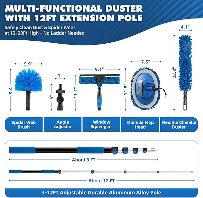 LOVECO Duster Kit with 3-12FT Extension Pole for High Ceilings Cleaning | 7 Pcs Include Cobweb Brush, Window Squeegee, Long Fan Duster, Wall Mop Head to Clean Dust, Hair & Cobweb on Various Surfaces