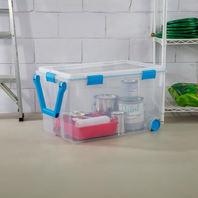Sterilite Gasket Storage Box with Lids for Home & Office, 120 Quart, 6-Pack | Heavy-Duty, Stackable, and Organizing Containers for Bathroom, Cabinet, Closet, and Garage, Clear and Blue Aquarium Latches