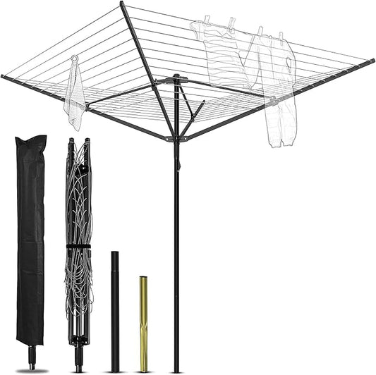 Nisorpa Outdoor Umbrella Drying Rack,12 Lines with 165 Feet Umbrella Clothesline Outdoor Dryer Clothes Line, 4 Arm Steel Frame Adjustable Height Retracting Collapsible Clothes Drying Rack for Backyard