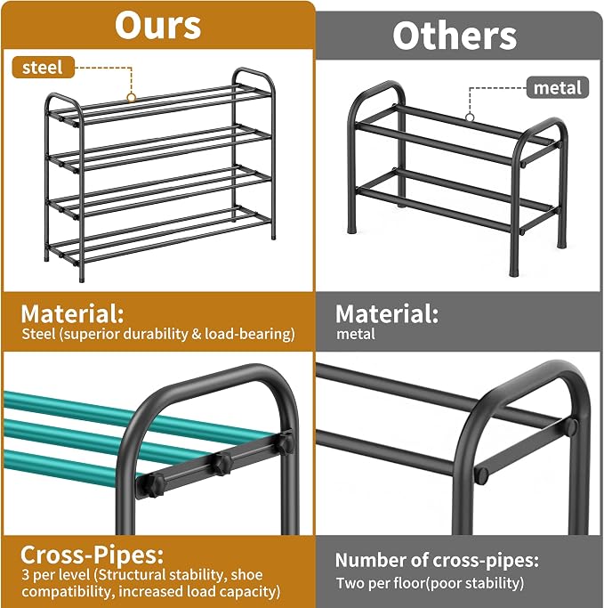Hleelomi 4-Tier Expandable Shoe Rack, Black | Adjustable Metal, For Entryway, For Closet, For Living Room, For Dorm