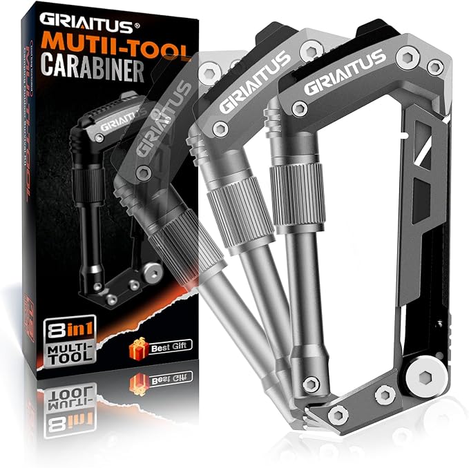 Carabiner Multitool with Pocket Knives, 8-in-1 EDC Carabiners, Gift for Men | Serrated Knife, Rope Cutter, Screwdriver, Can Bottle Opener, Ruler, Folding Knife for Camping Hiking, (Grey)