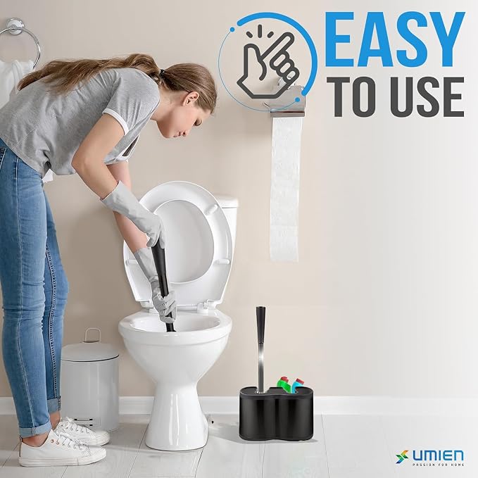 UMIEN Toilet Brush and Plunger Set 18-in - Updated 2025 No-Rust - Stainless Steel Design - Long Handles - with Freestanding Canister (Matte Black)